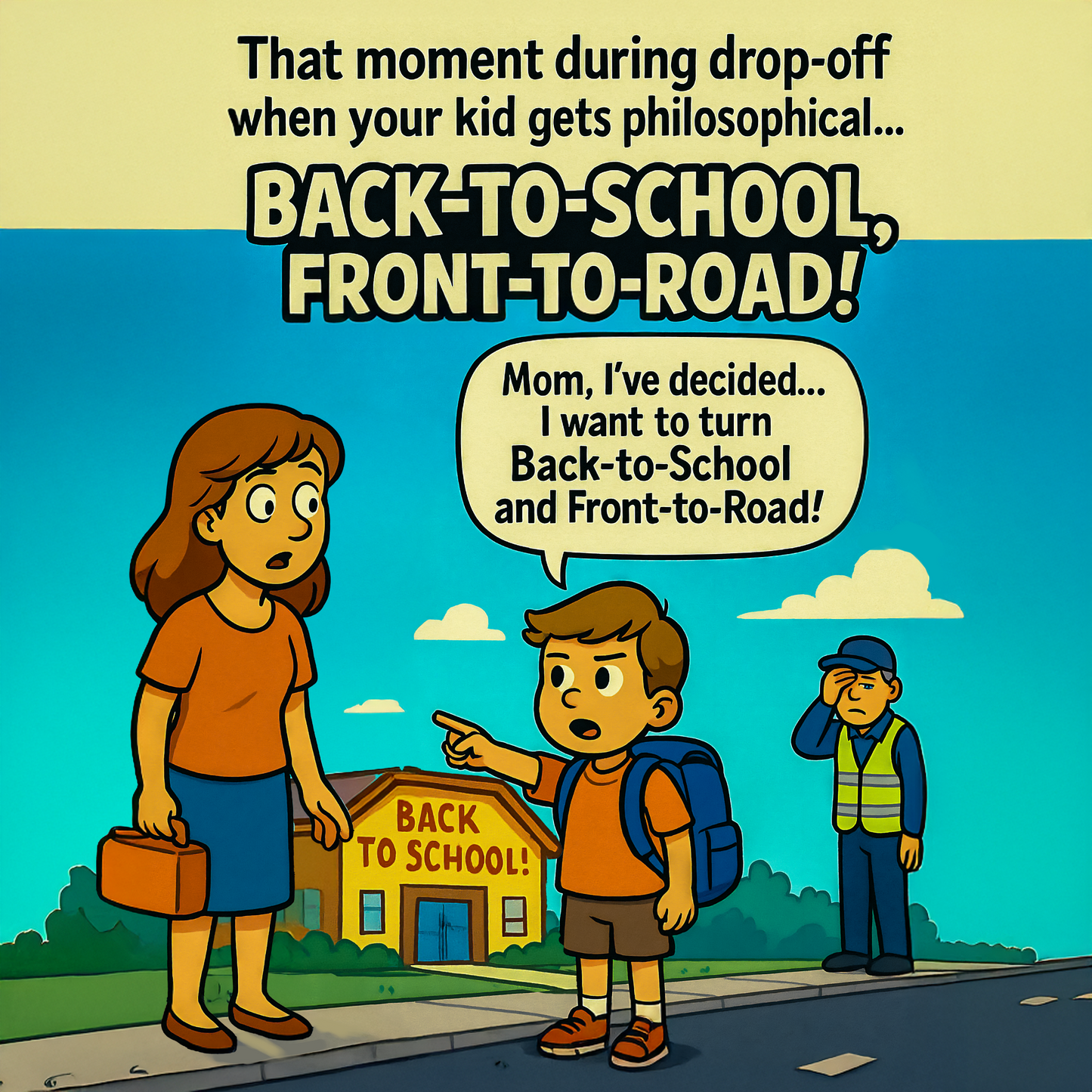 Cartoon of a child deciding to turn back-to-school and front-to-road, with a mother and school crossing guard in the background.