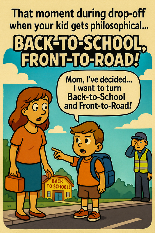 Cartoon illustration of a child turning back to school and front to road with a parent and crossing guard.